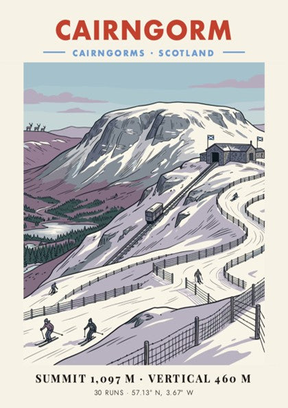 Poster of Cairngorm mountain in Scotland featuring a funicular railway and skiers skiing.