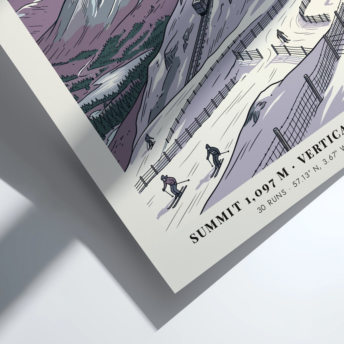 Poster of Cairngorm mountain in Scotland featuring a funicular railway and skiers skiing.