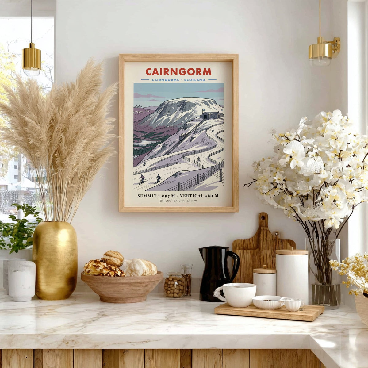 Poster of Cairngorm mountain in Scotland featuring a funicular railway and skiers skiing.