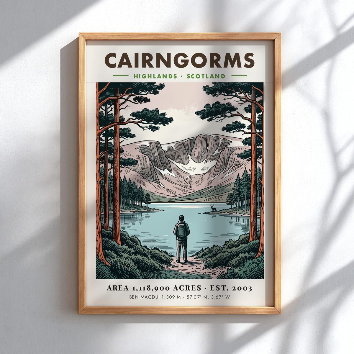 Poster featuring a hiker looking at the Cairngorms mountains in the Scottish Highlands