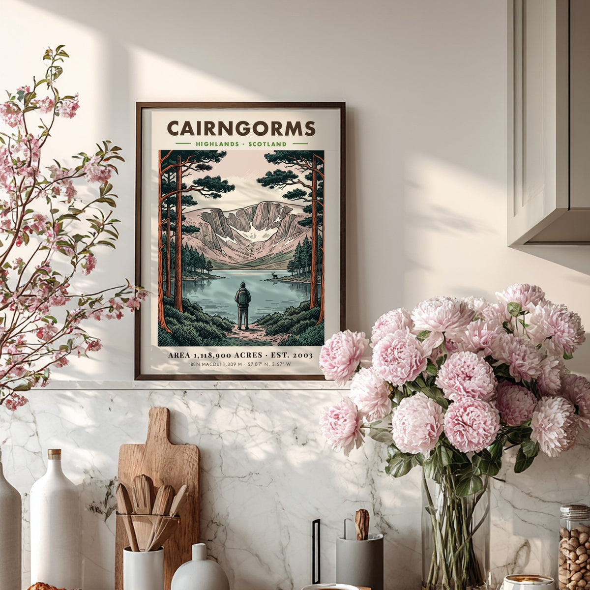Poster featuring a hiker looking at the Cairngorms mountains in the Scottish Highlands