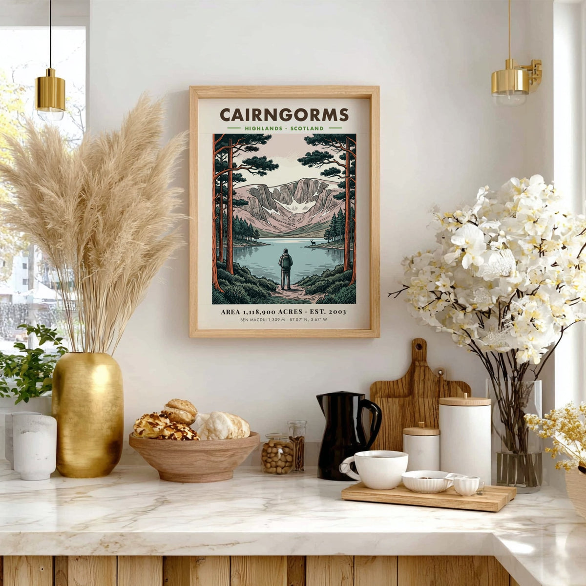 Poster featuring a hiker looking at the Cairngorms mountains in the Scottish Highlands