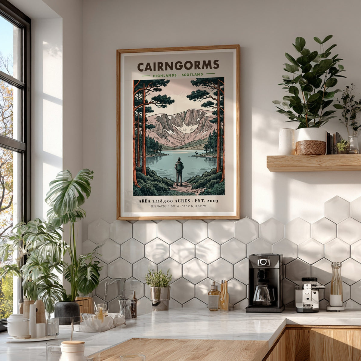 Poster featuring a hiker looking at the Cairngorms mountains in the Scottish Highlands