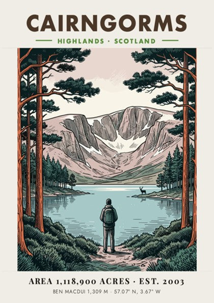 Poster featuring a hiker looking at the Cairngorms mountains in the Scottish Highlands