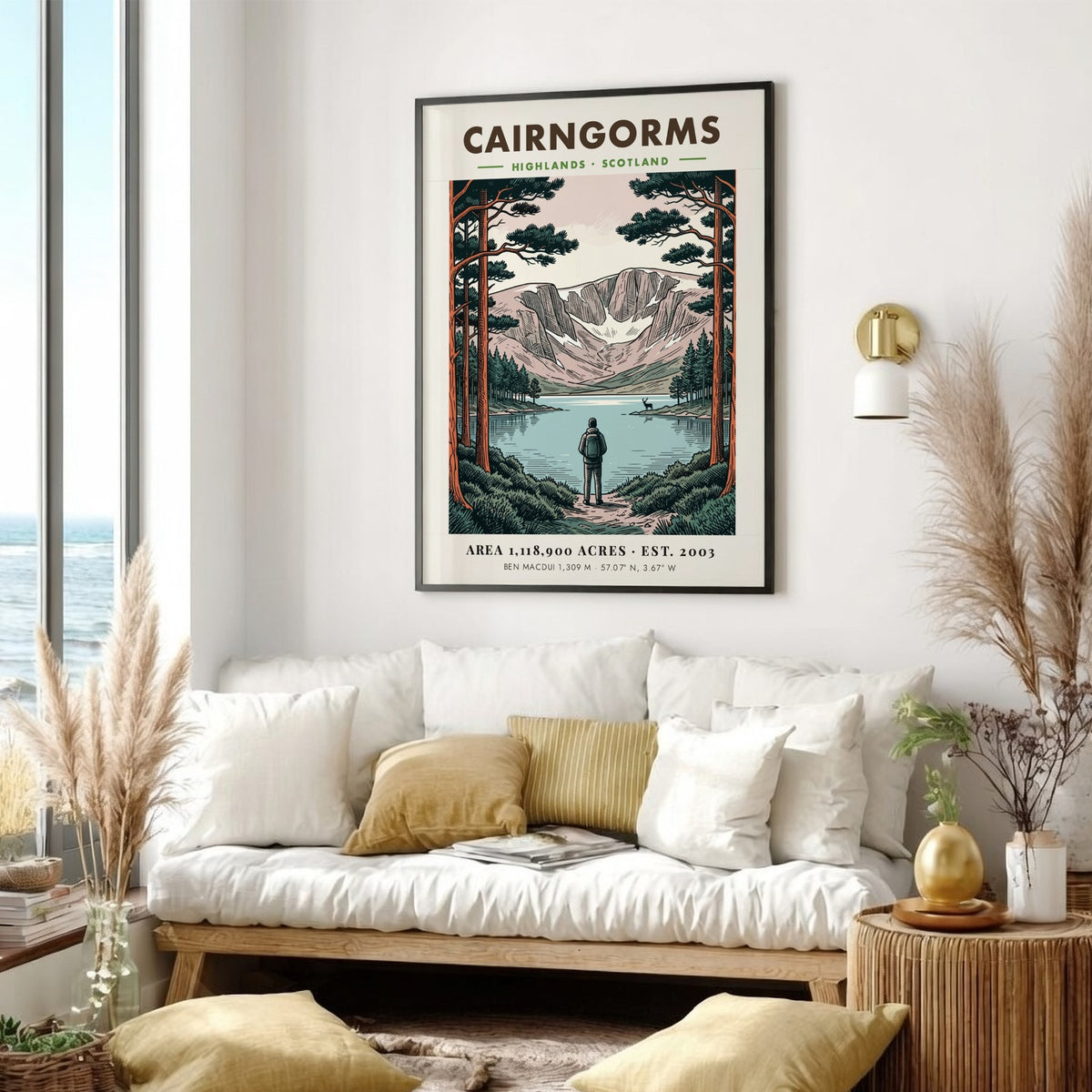 Poster featuring a hiker looking at the Cairngorms mountains in the Scottish Highlands