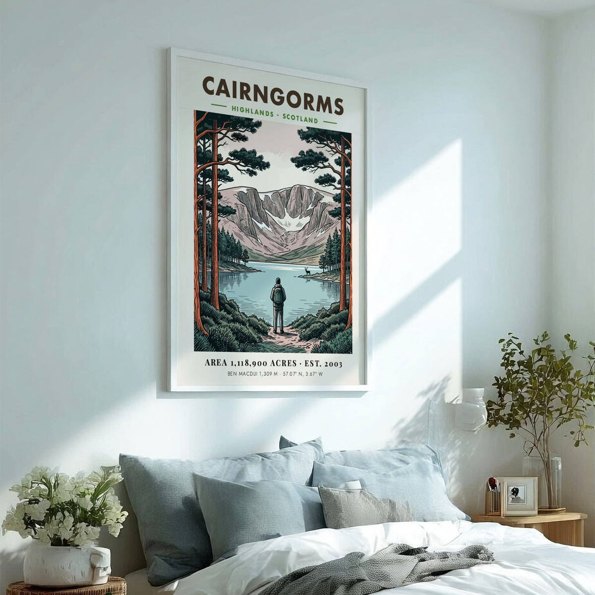 Poster featuring a hiker looking at the Cairngorms mountains in the Scottish Highlands