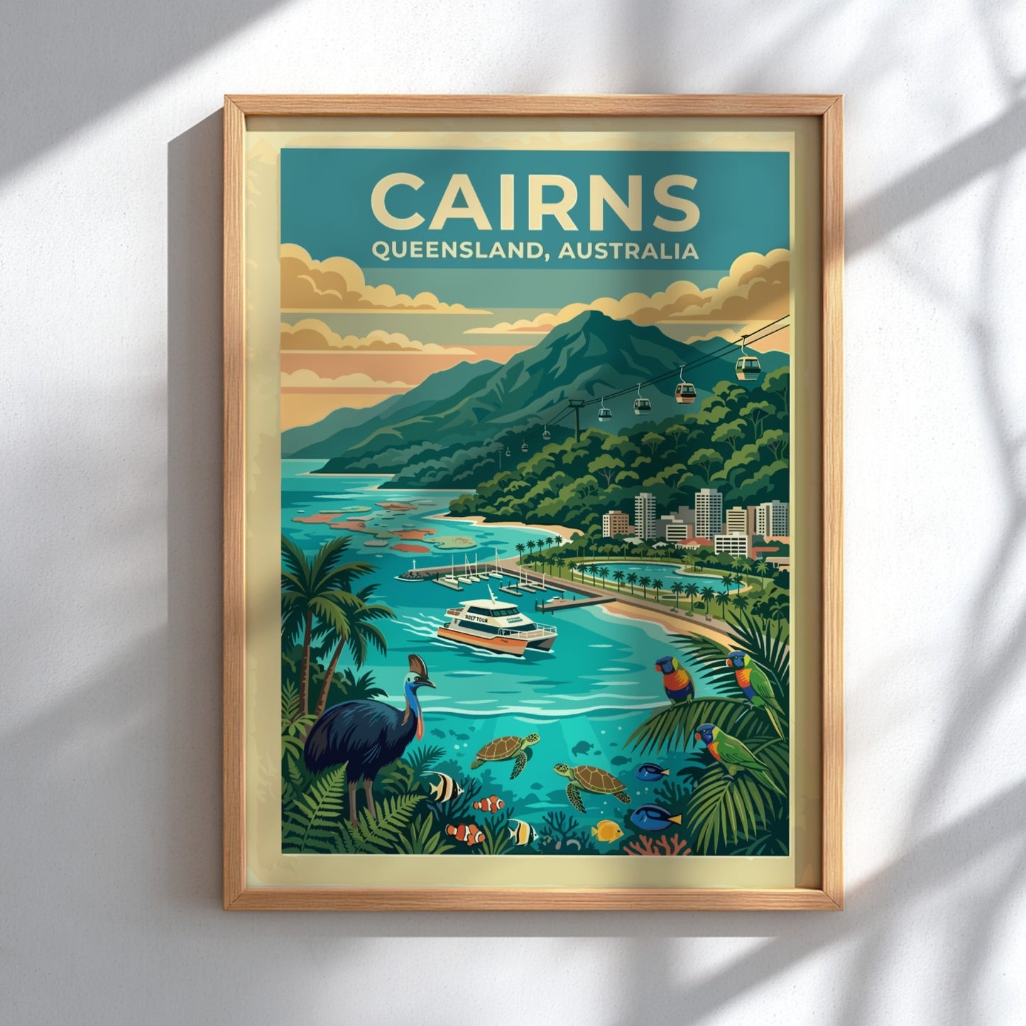 Australia travel poster of Cairns featuring a cassowary, sea turtles, cable cars and mountains.