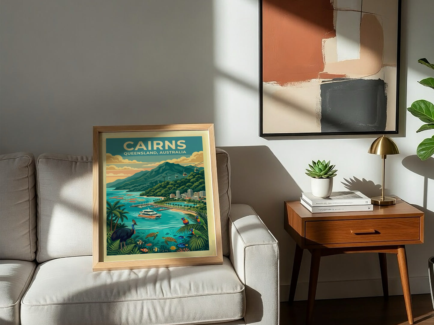 Australia travel poster of Cairns featuring a cassowary, sea turtles, cable cars and mountains.