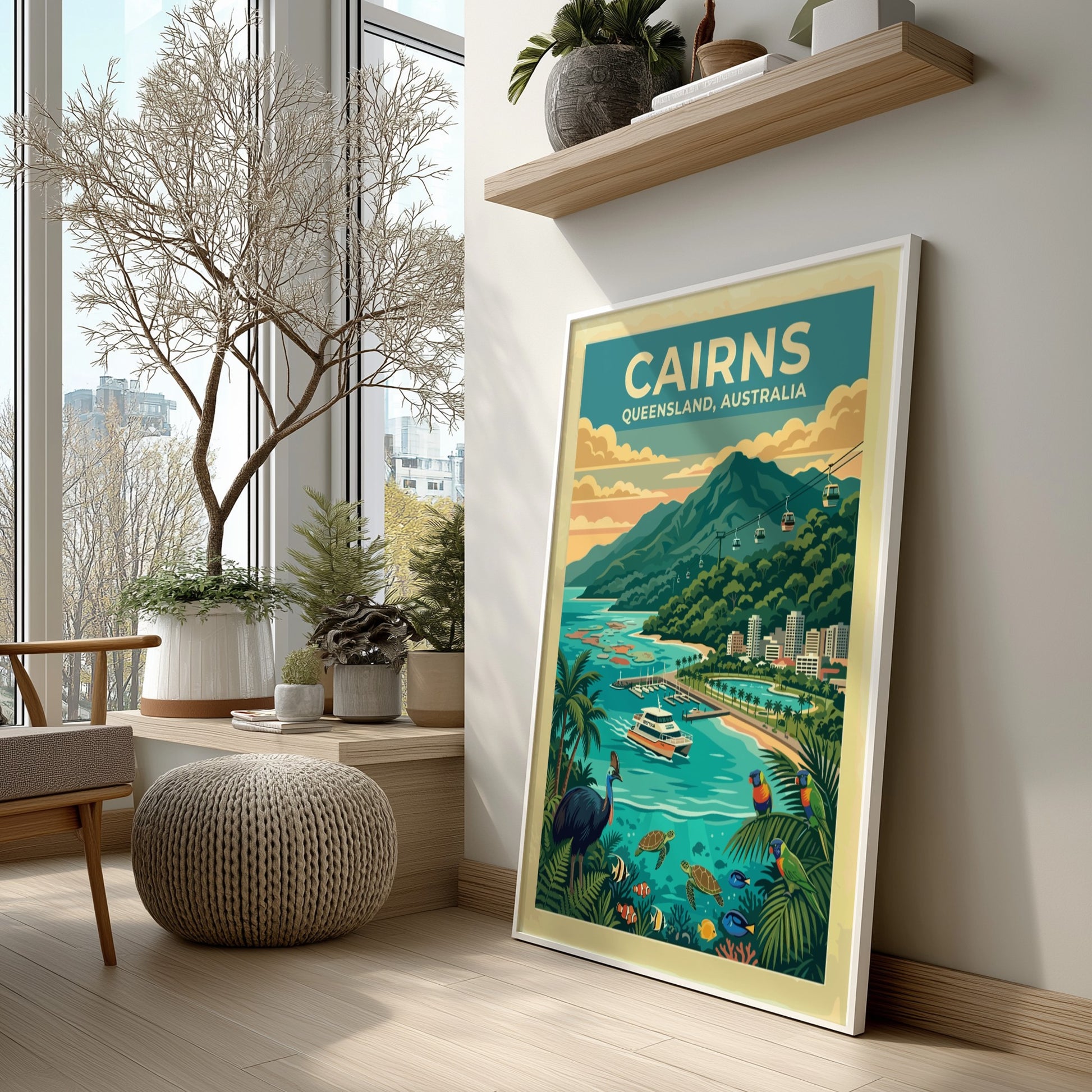 Australia travel poster of Cairns featuring a cassowary, sea turtles, cable cars and mountains.
