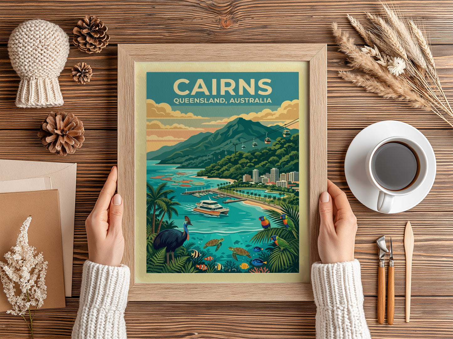 Australia travel poster of Cairns featuring a cassowary, sea turtles, cable cars and mountains.
