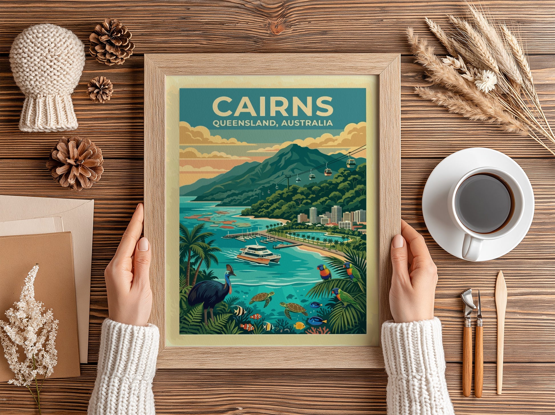 Australia travel poster of Cairns featuring a cassowary, sea turtles, cable cars and mountains.