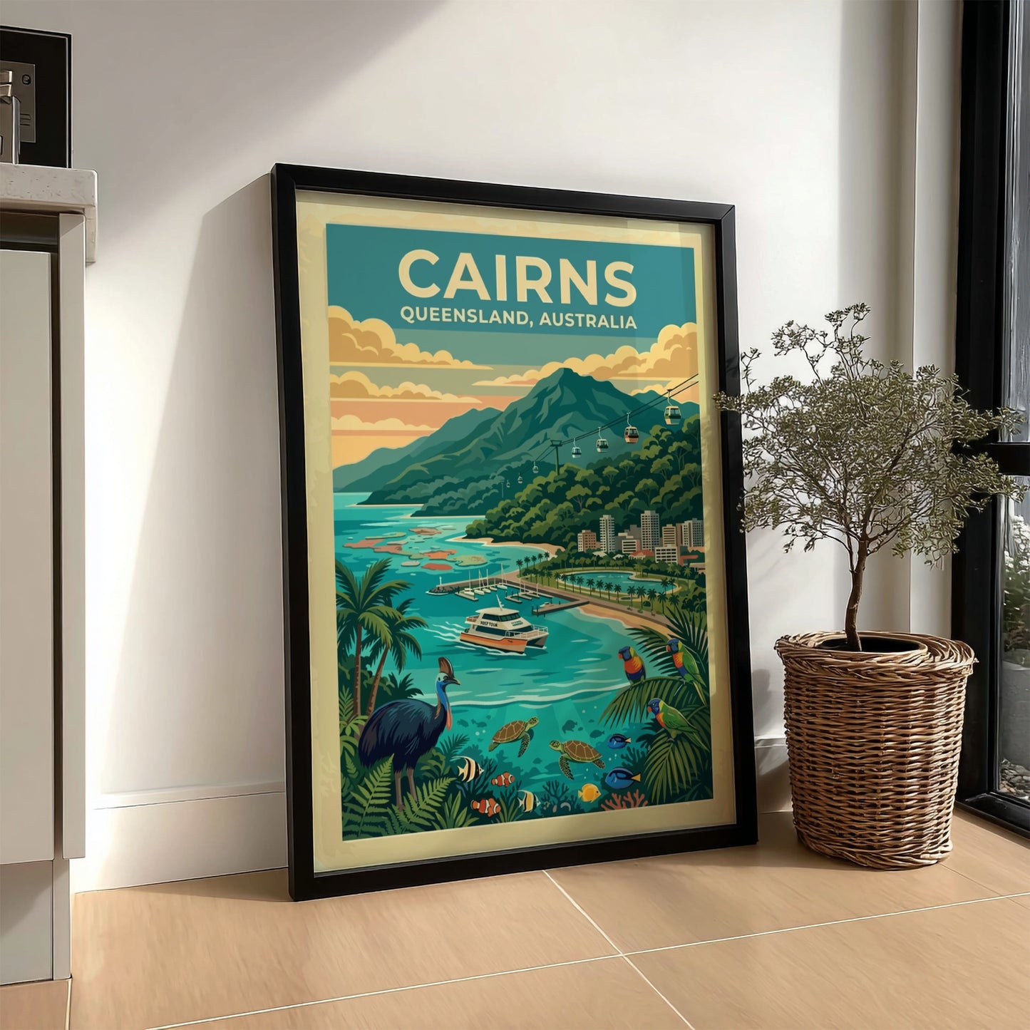 Australia travel poster of Cairns featuring a cassowary, sea turtles, cable cars and mountains.
