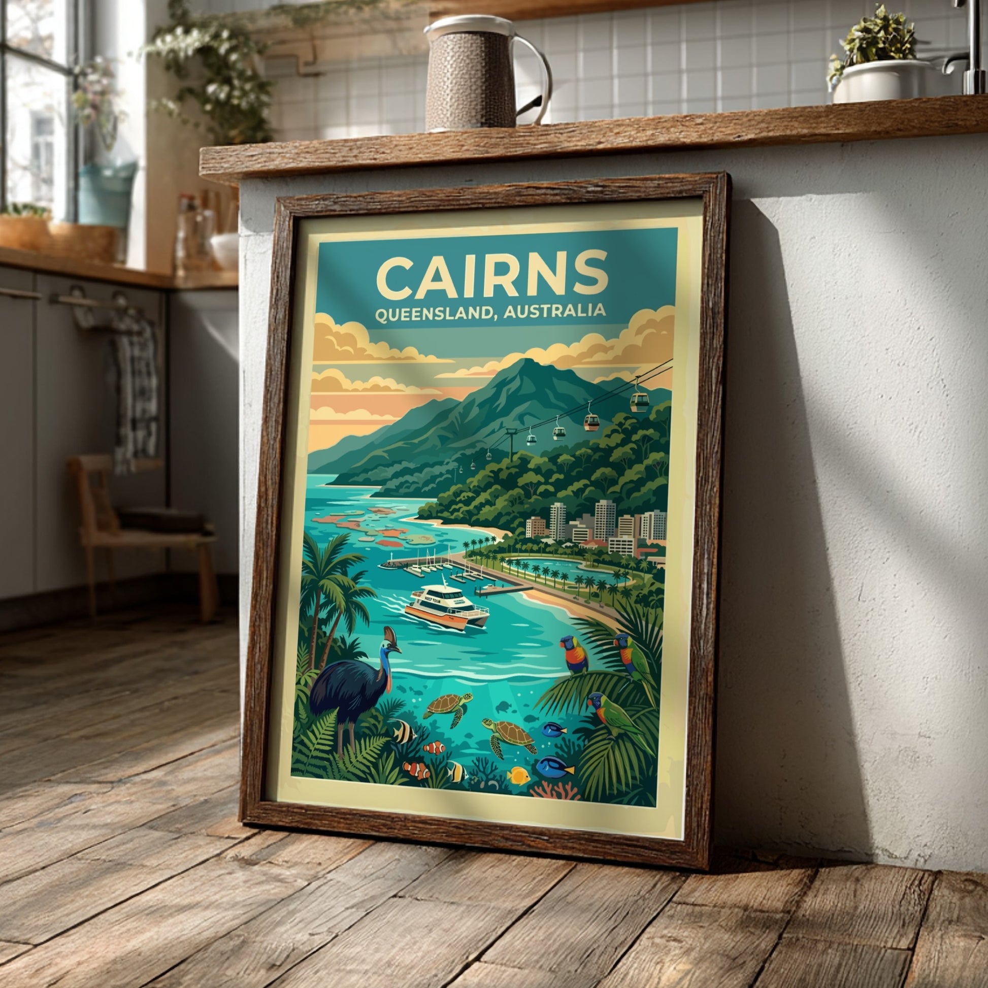 Australia travel poster of Cairns featuring a cassowary, sea turtles, cable cars and mountains.