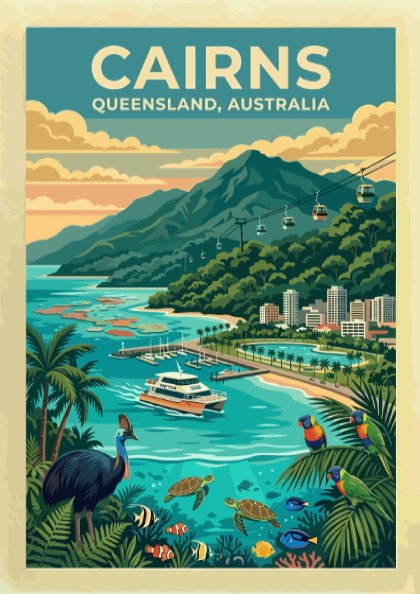 Australia travel poster of Cairns featuring a cassowary, sea turtles, cable cars and mountains.