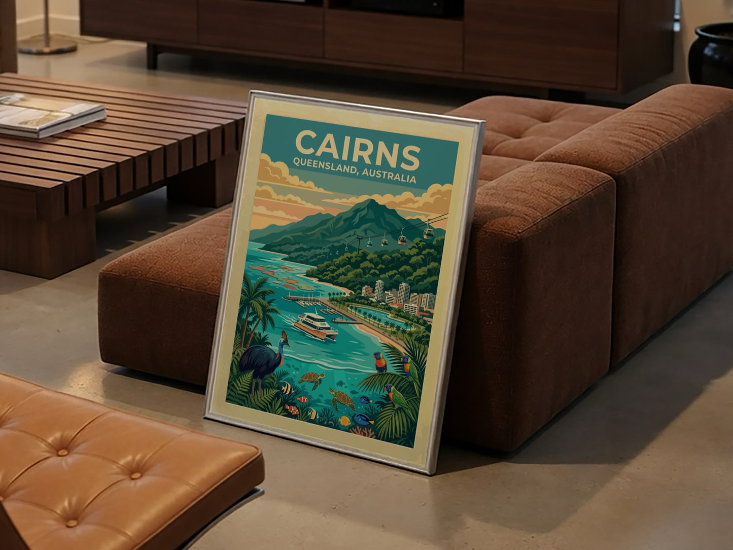 Australia travel poster of Cairns featuring a cassowary, sea turtles, cable cars and mountains.