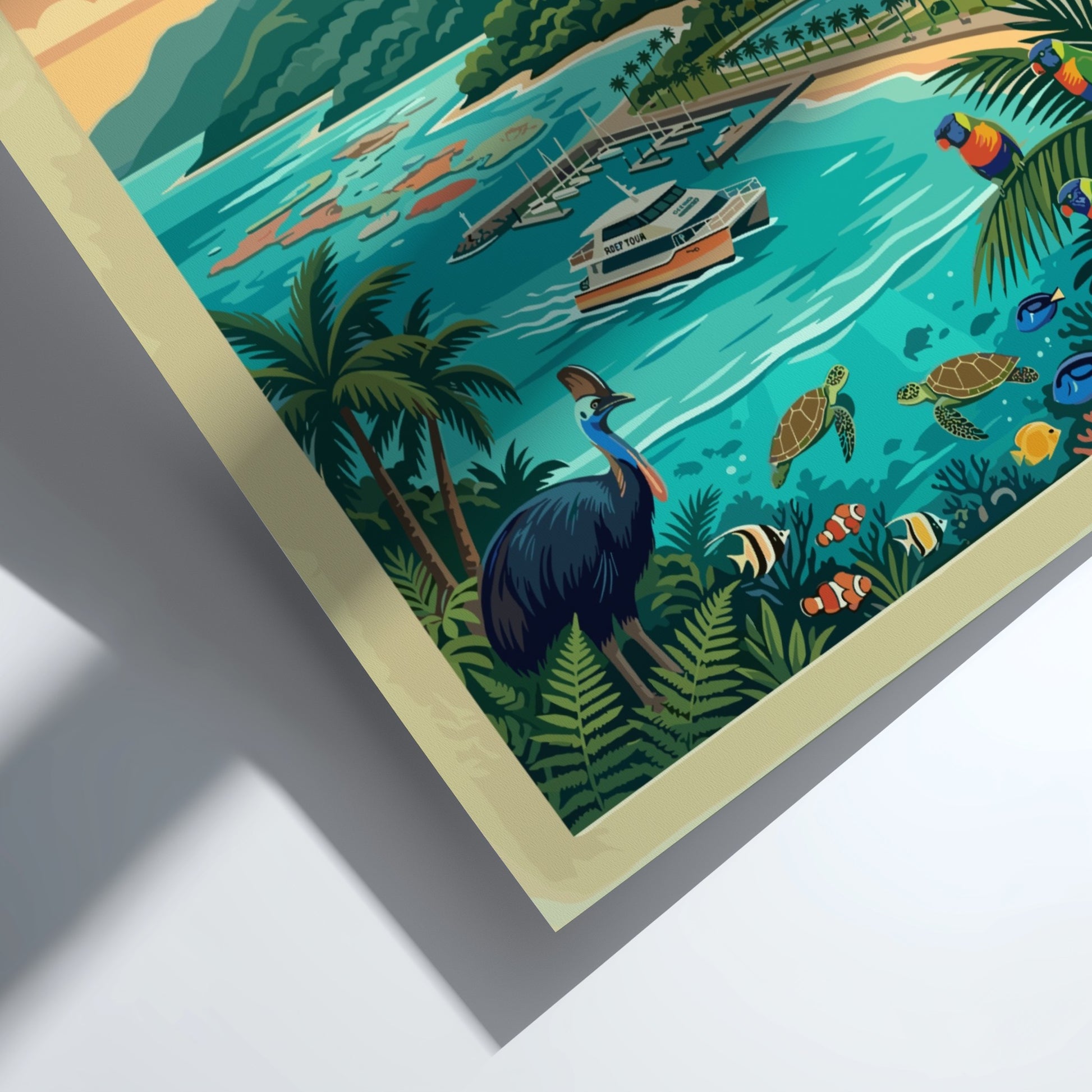 Australia travel poster of Cairns featuring a cassowary, sea turtles, cable cars and mountains.