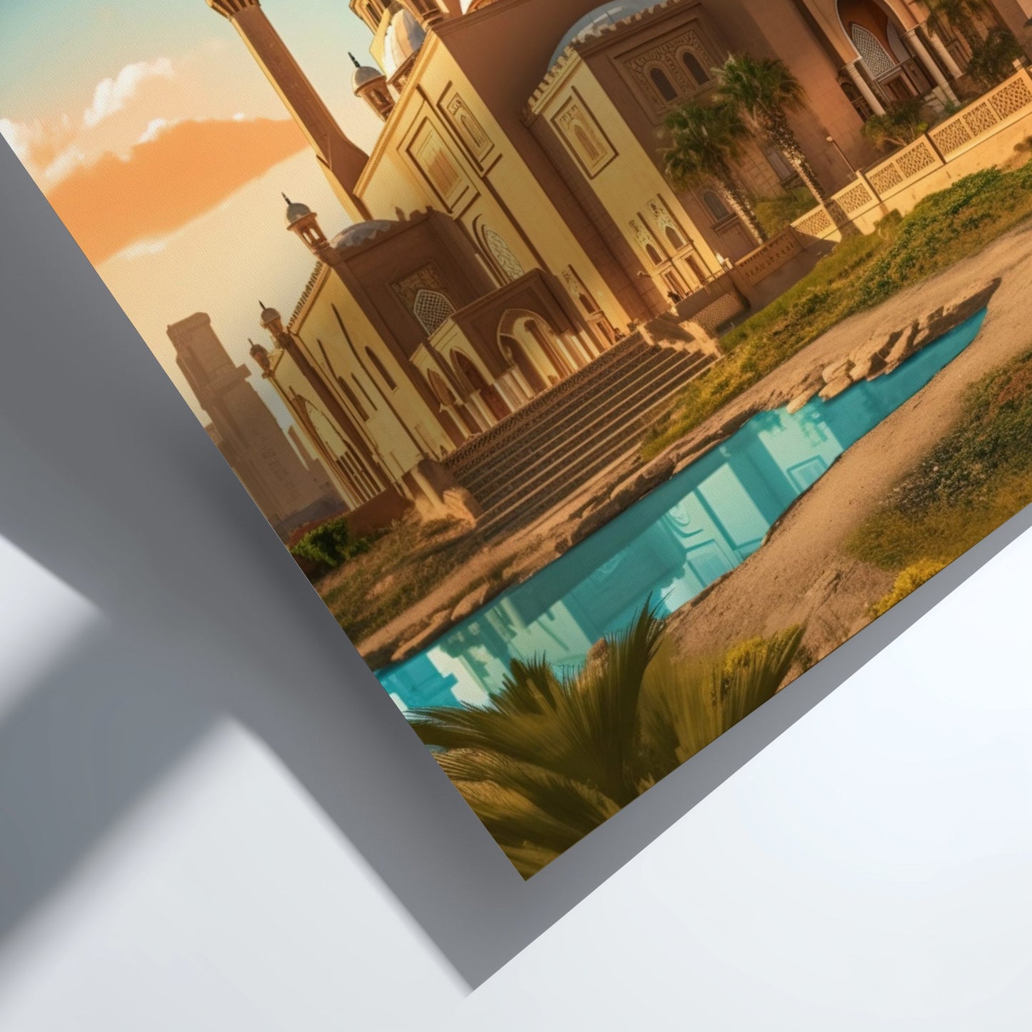 Historic building with a pool and palm trees at sunset