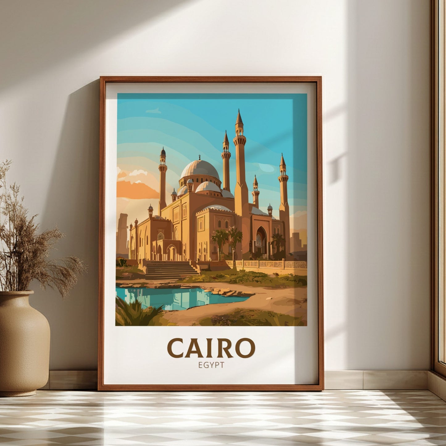 Framed poster of a mosque in Cairo, Egypt on a wall.