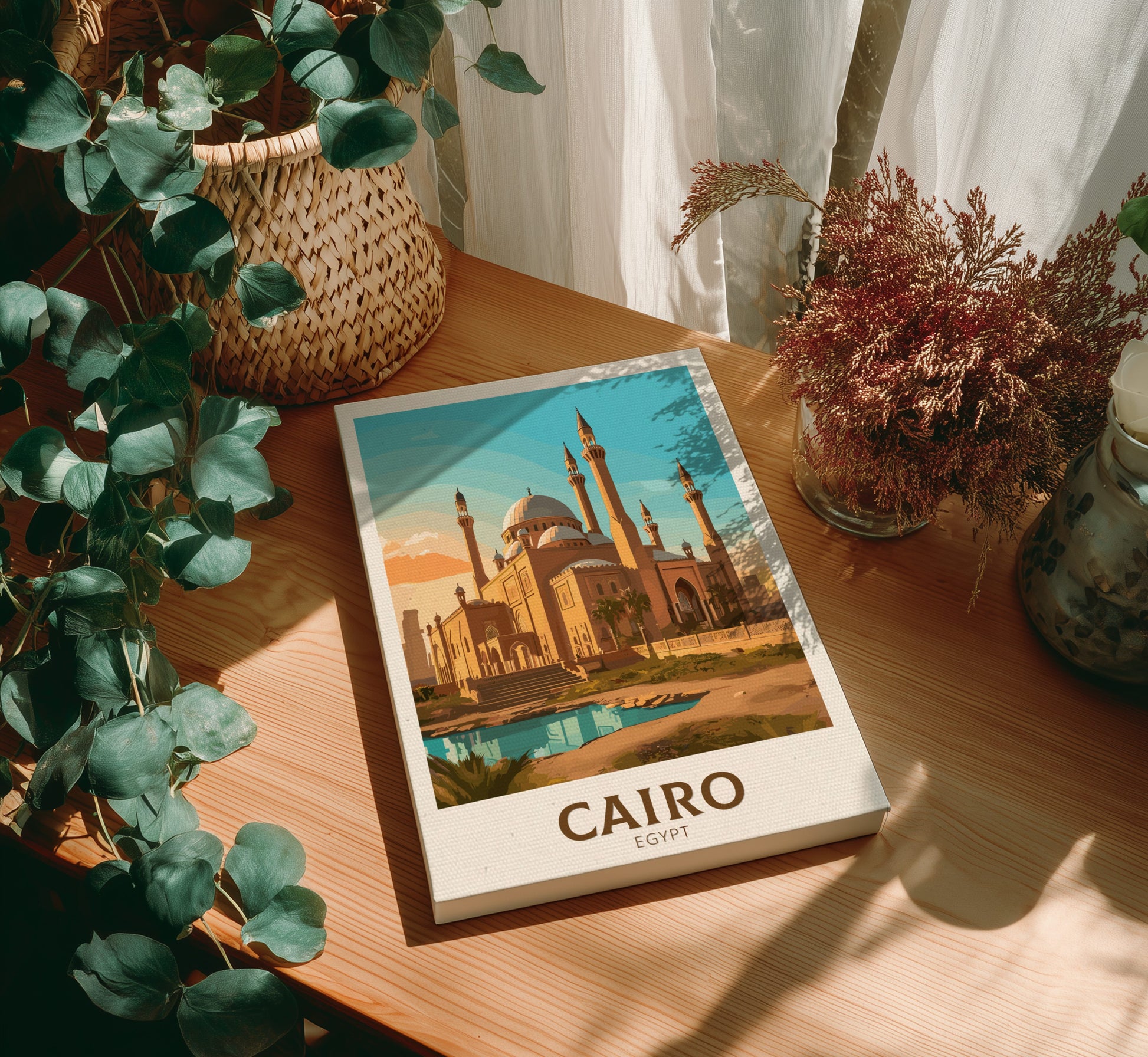 Canvas 'Cairo, Egypt' on a wooden table with plants around