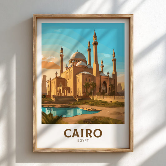 Framed artwork of a mosque in Cairo, Egypt on a white wall.