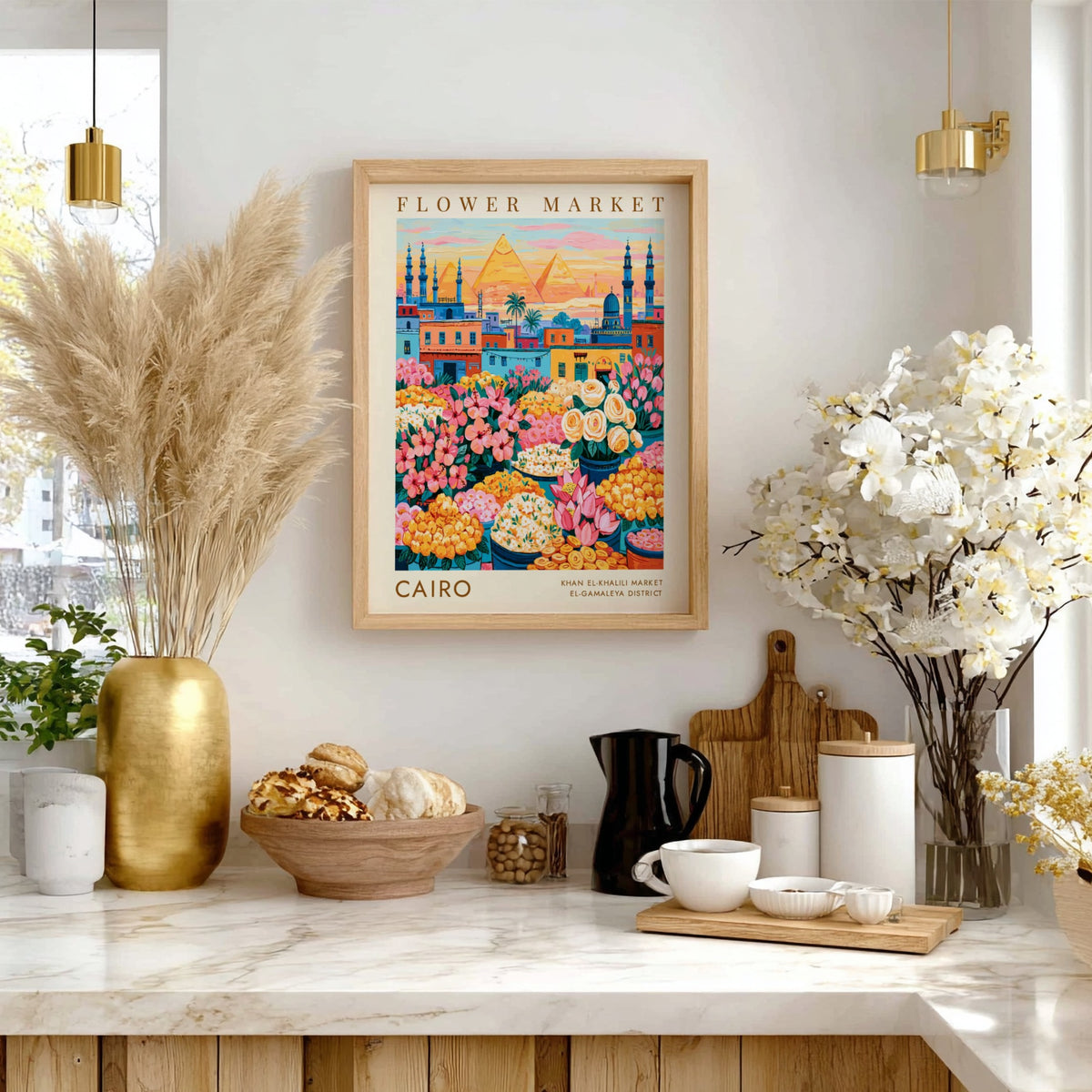 Flower market poster showcasing vibrant flowers and cityscape in Cairo with warm colors and intricate details