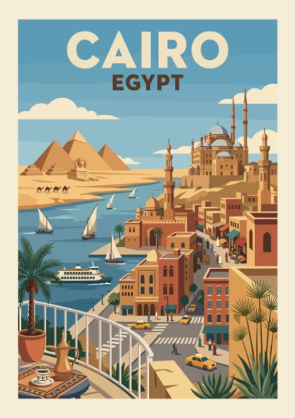 Vintage Cairo Egypt travel poster with pyramids, Nile River, and city skyline in a retro graphic style.