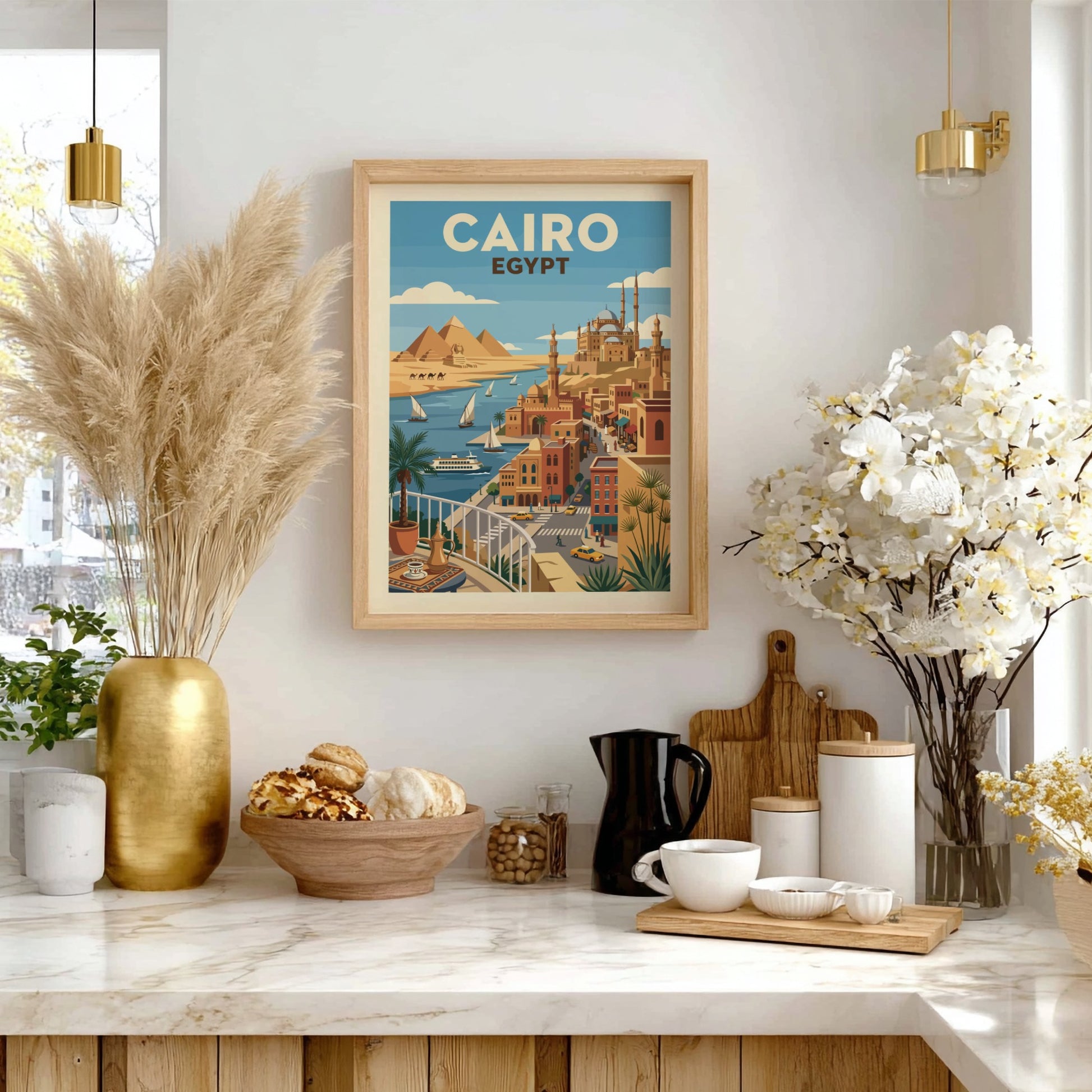 Vintage Cairo Egypt travel poster with pyramids, Nile River, and city skyline in a retro graphic style.