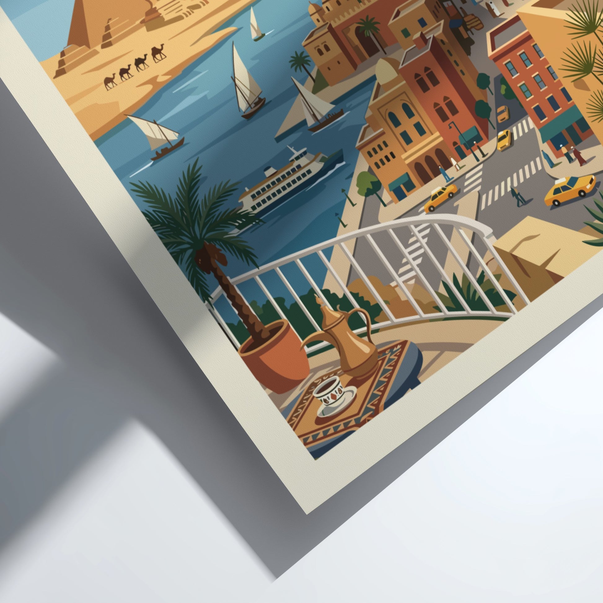 Vintage Cairo Egypt travel poster with pyramids, Nile River, and city skyline in a retro graphic style.