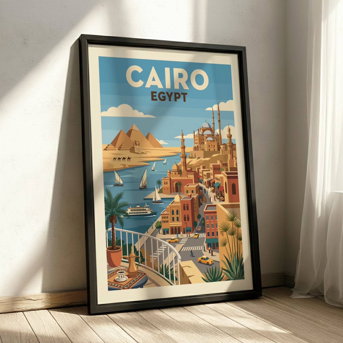 Vintage Cairo Egypt travel poster with pyramids, Nile River, and city skyline in a retro graphic style.