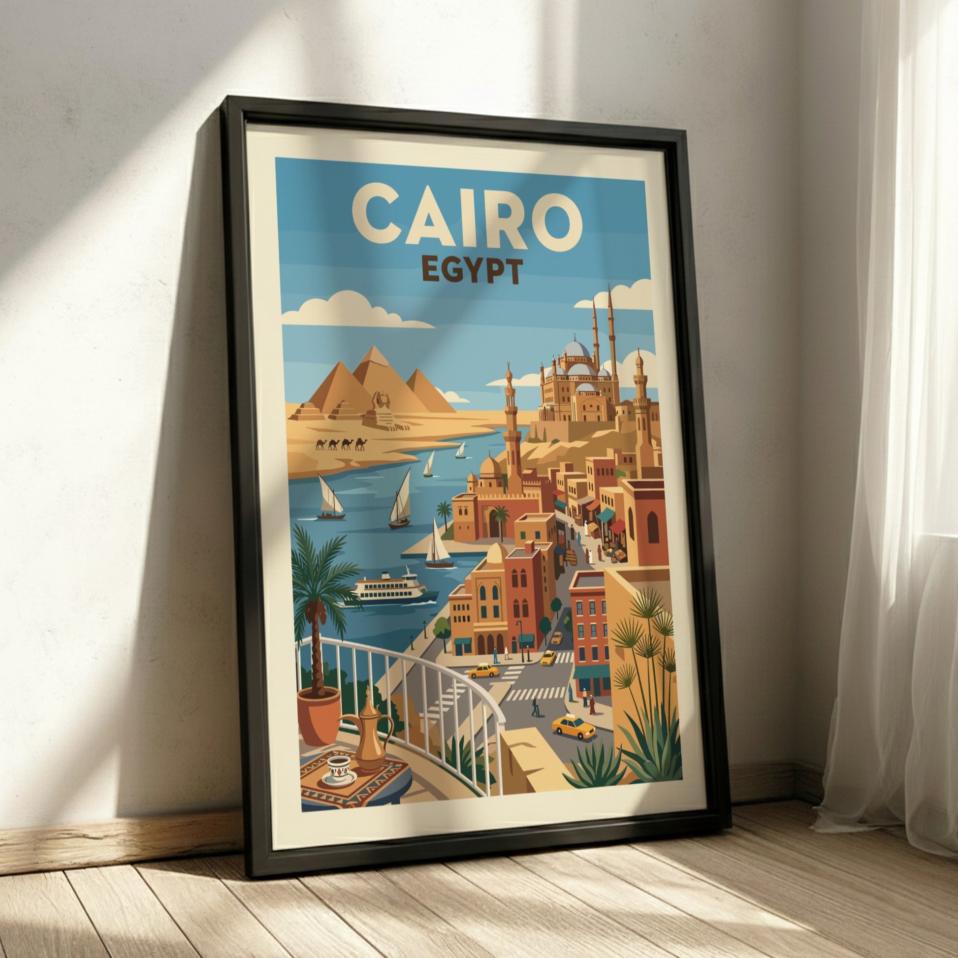 Vintage Cairo Egypt travel poster with pyramids, Nile River, and city skyline in a retro graphic style.