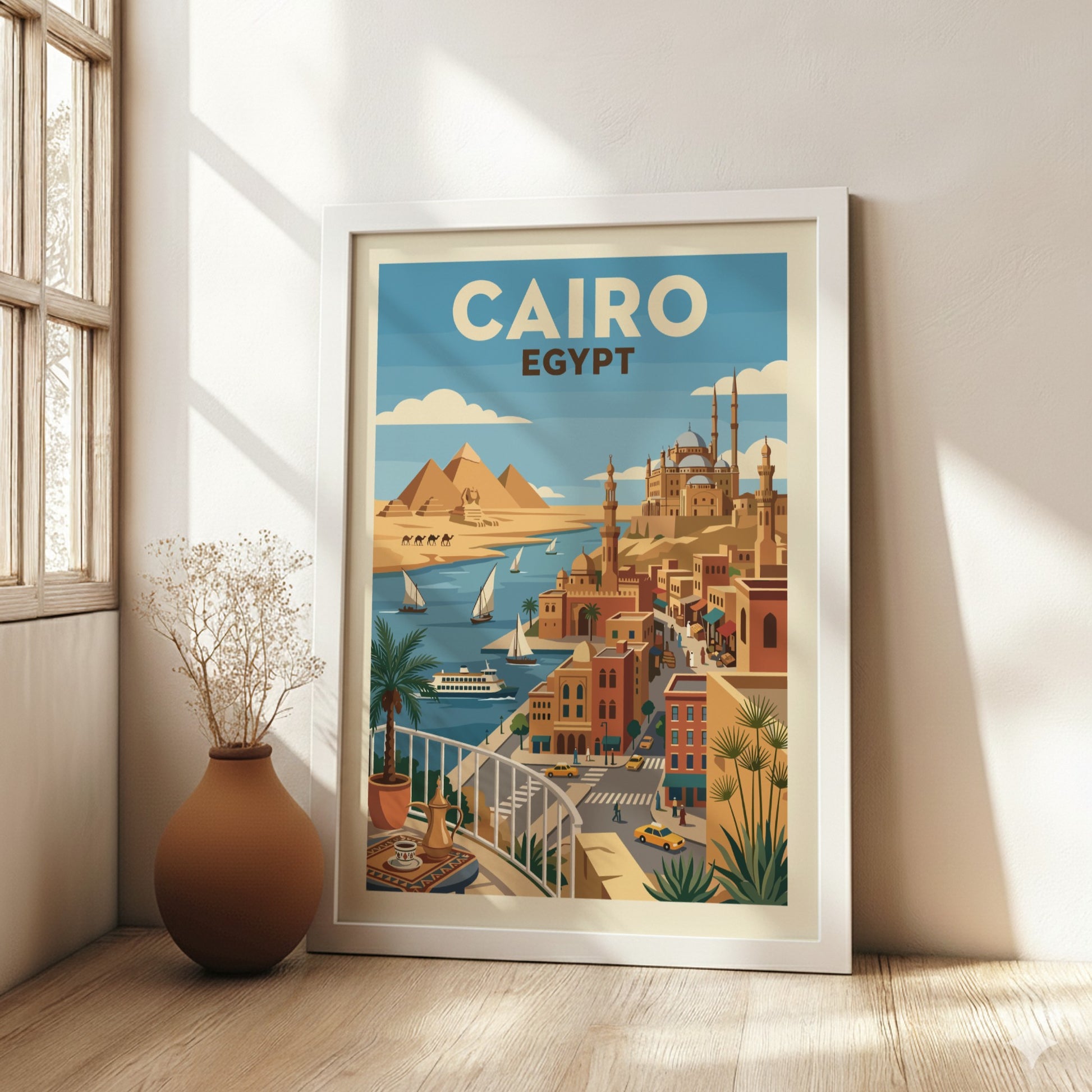 Vintage Cairo Egypt travel poster with pyramids, Nile River, and city skyline in a retro graphic style.