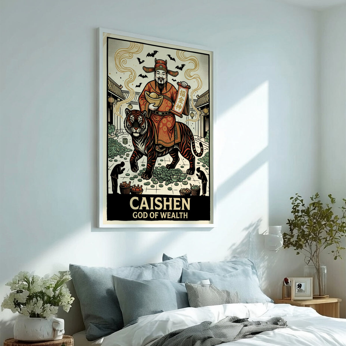Poster featuring Caishen the God of Wealth riding a tiger with golden coins.