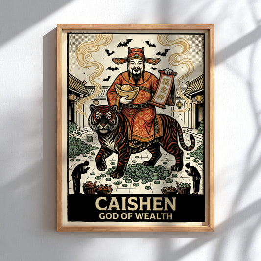 Poster featuring Caishen the God of Wealth riding a tiger with golden coins.