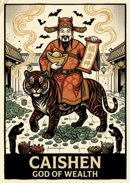 Poster featuring Caishen the God of Wealth riding a tiger with golden coins.