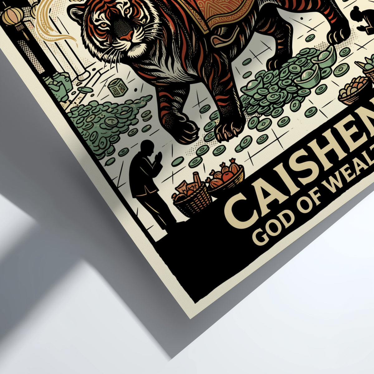 Poster featuring Caishen the God of Wealth riding a tiger with golden coins.