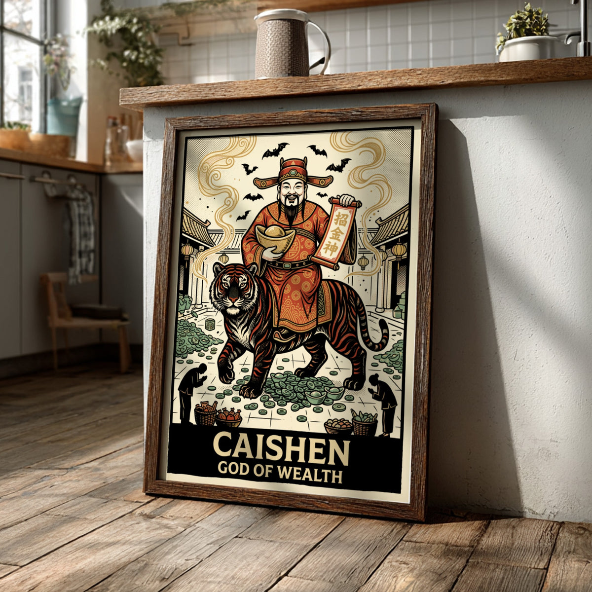 Poster featuring Caishen the God of Wealth riding a tiger with golden coins.
