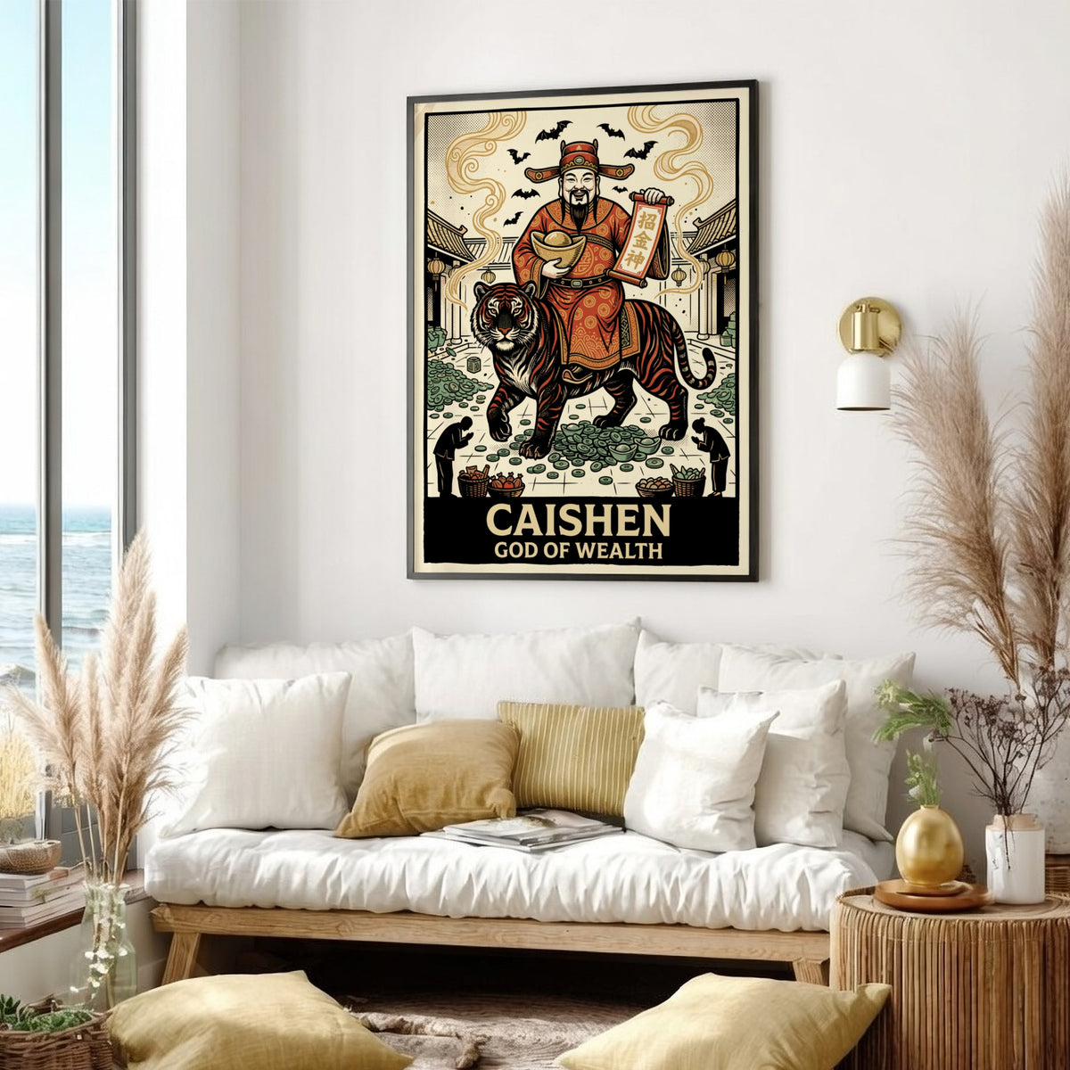Poster featuring Caishen the God of Wealth riding a tiger with golden coins.