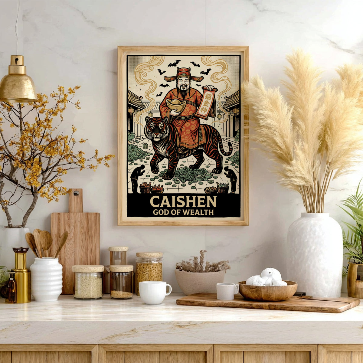 Poster featuring Caishen the God of Wealth riding a tiger with golden coins.