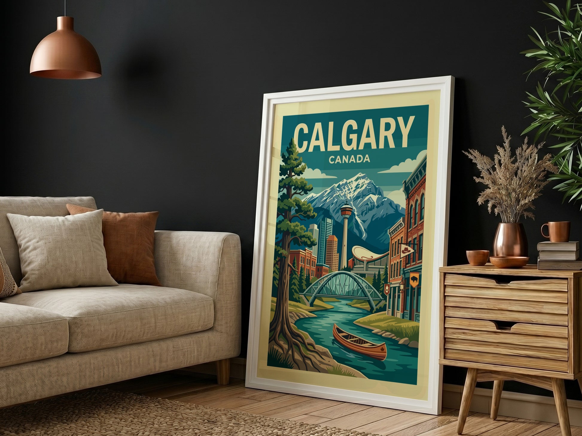 Retro Calgary skyline travel poster with mountains, river, and canoe. Vibrant Canada art.