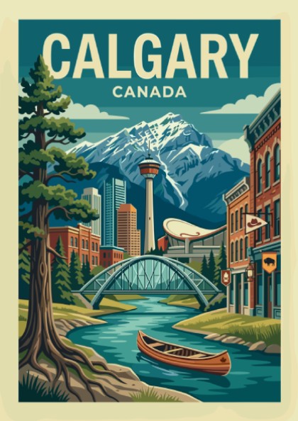Retro Calgary skyline travel poster with mountains, river, and canoe. Vibrant Canada art.