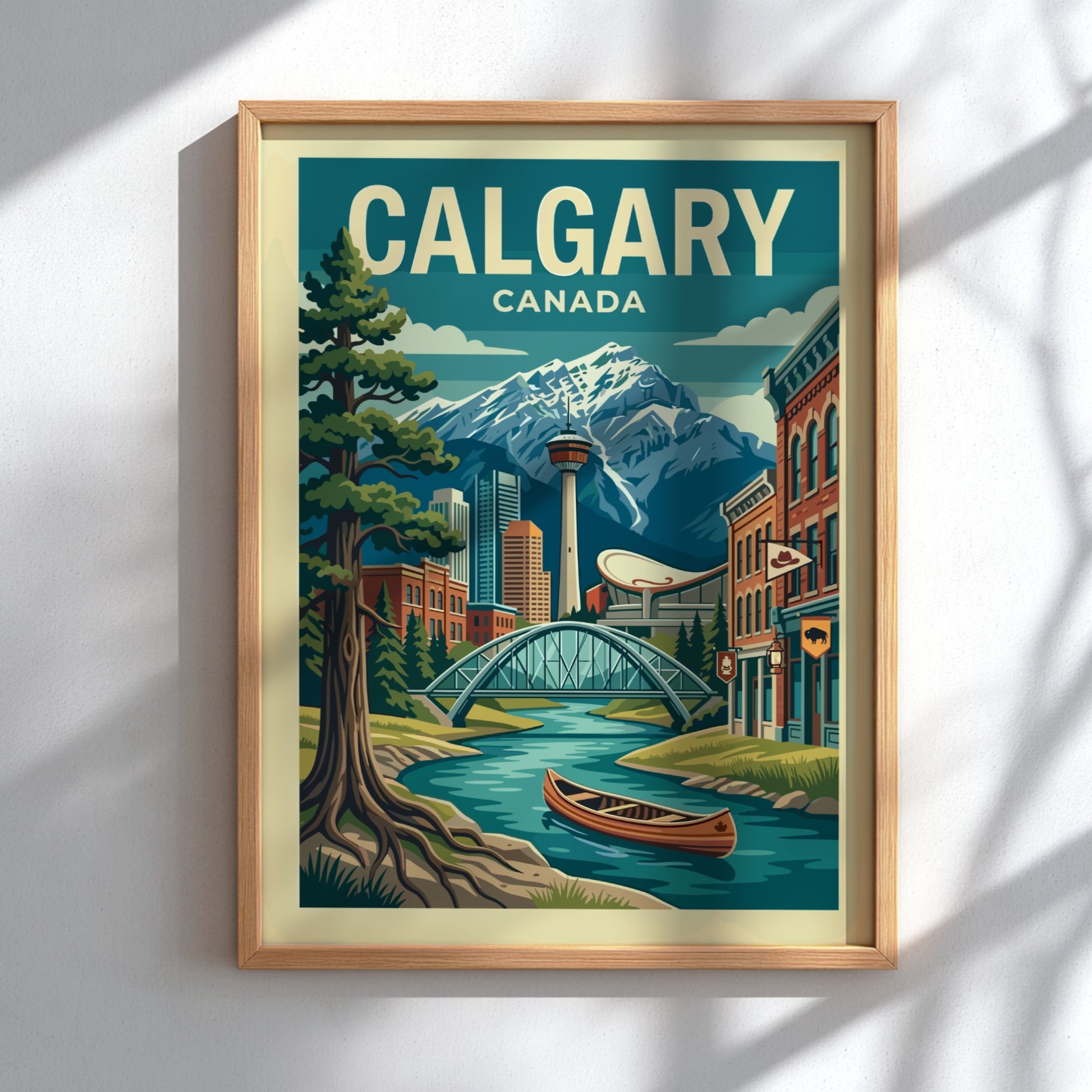 Retro Calgary skyline travel poster with mountains, river, and canoe. Vibrant Canada art.
