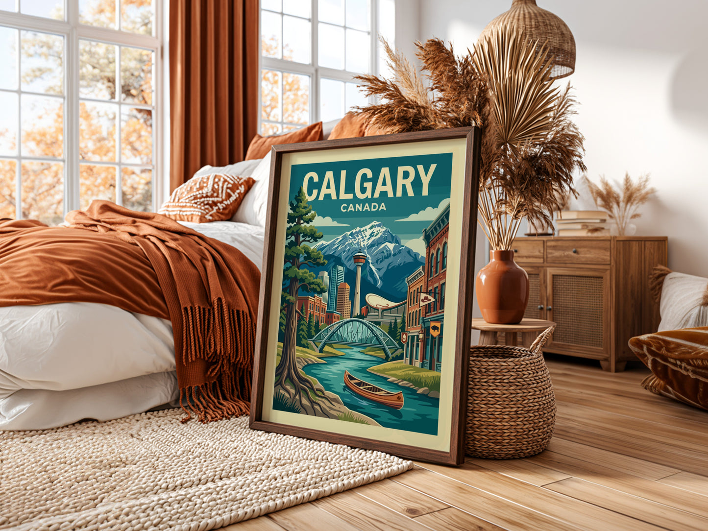 Retro Calgary skyline travel poster with mountains, river, and canoe. Vibrant Canada art.