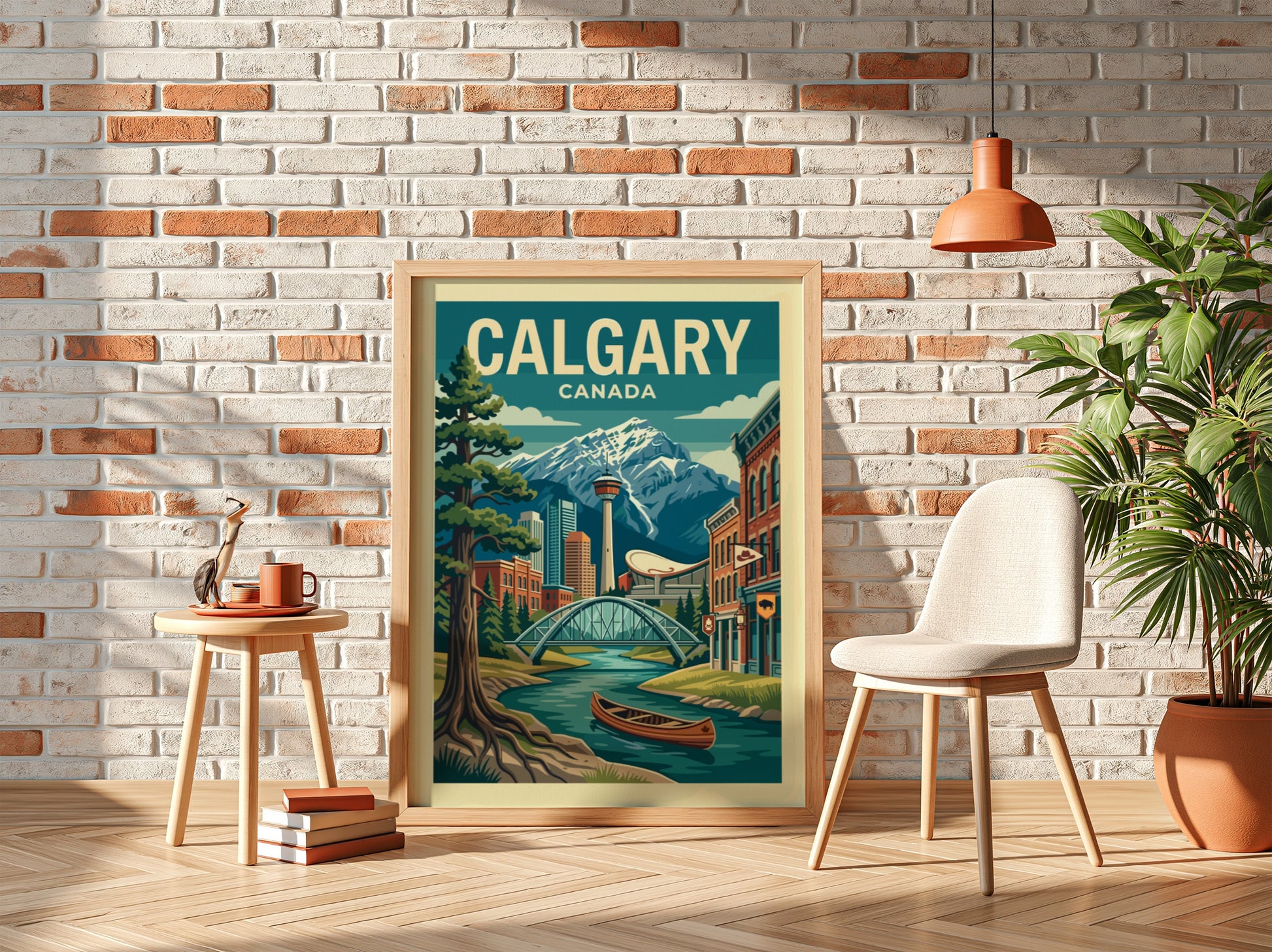 Retro Calgary skyline travel poster with mountains, river, and canoe. Vibrant Canada art.