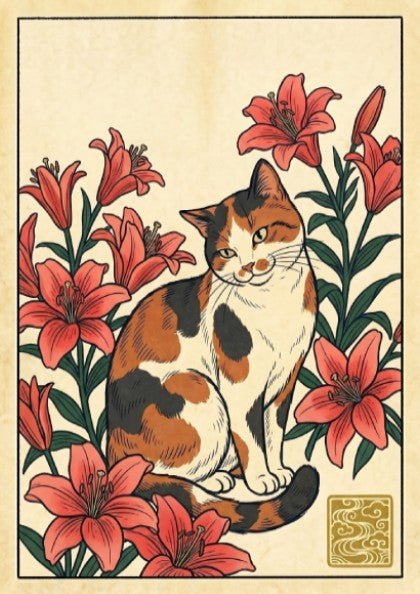 Calico cat poster featuring vibrant lilies in Japanese art style