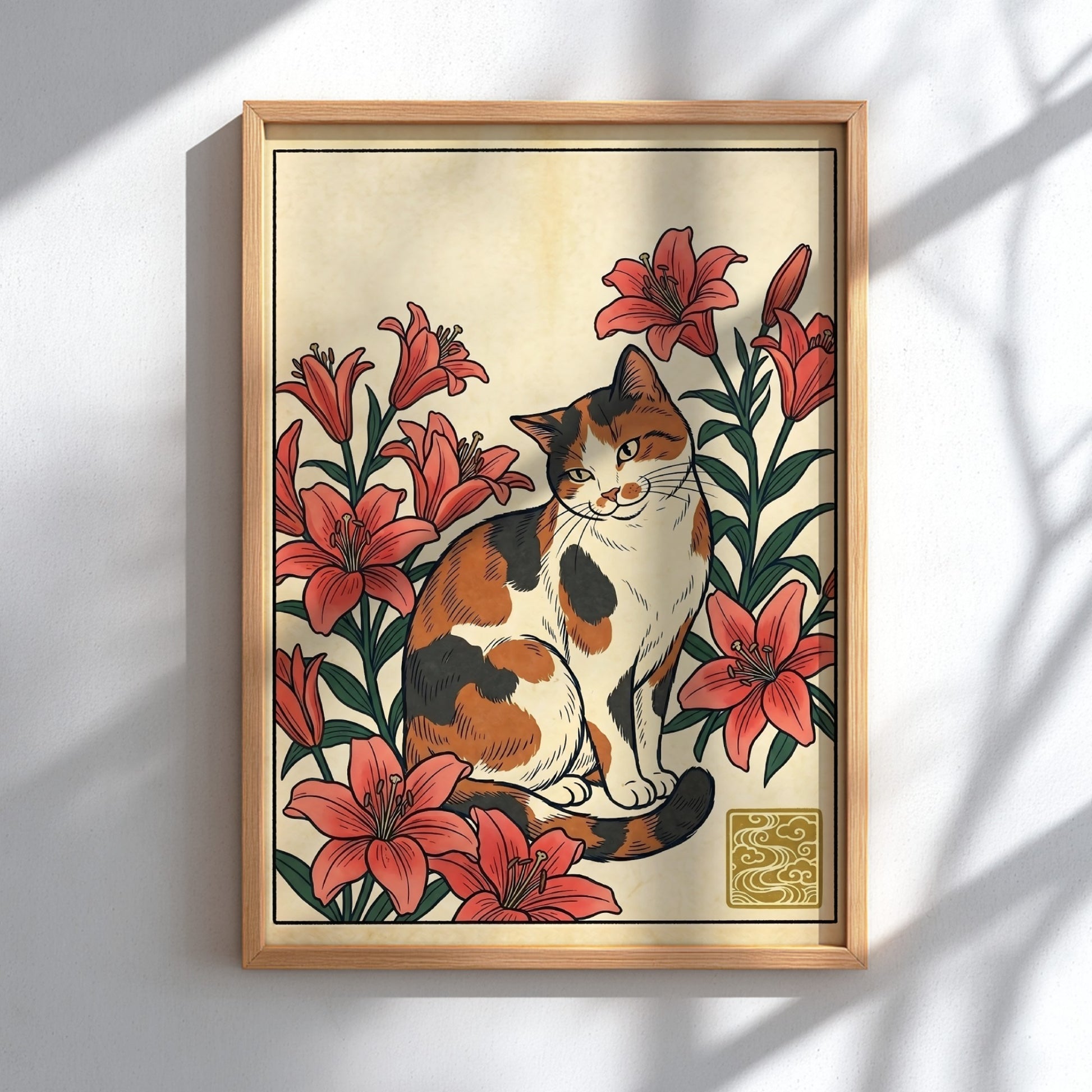 Calico cat poster featuring vibrant lilies in Japanese art style