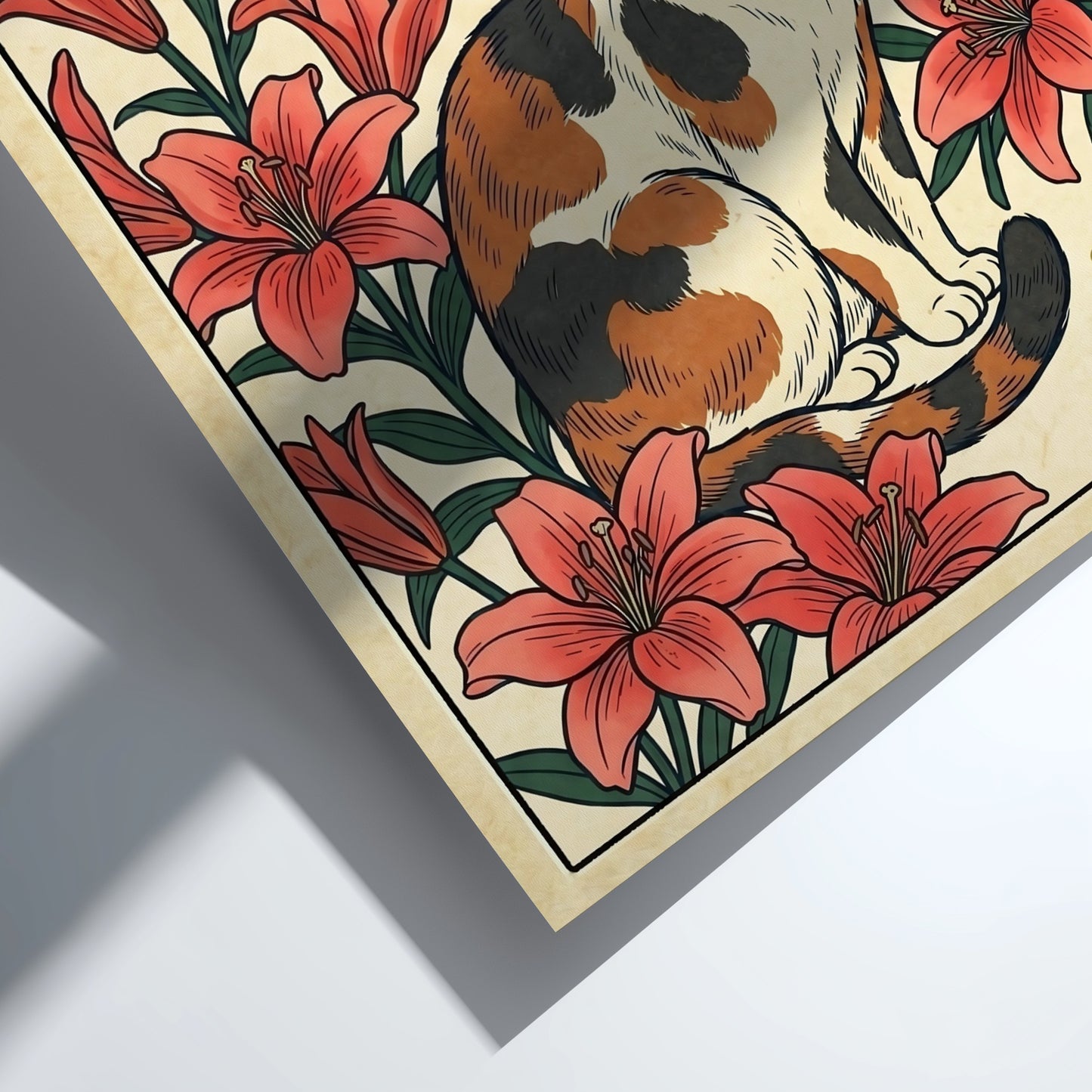 Calico cat poster featuring vibrant lilies in Japanese art style