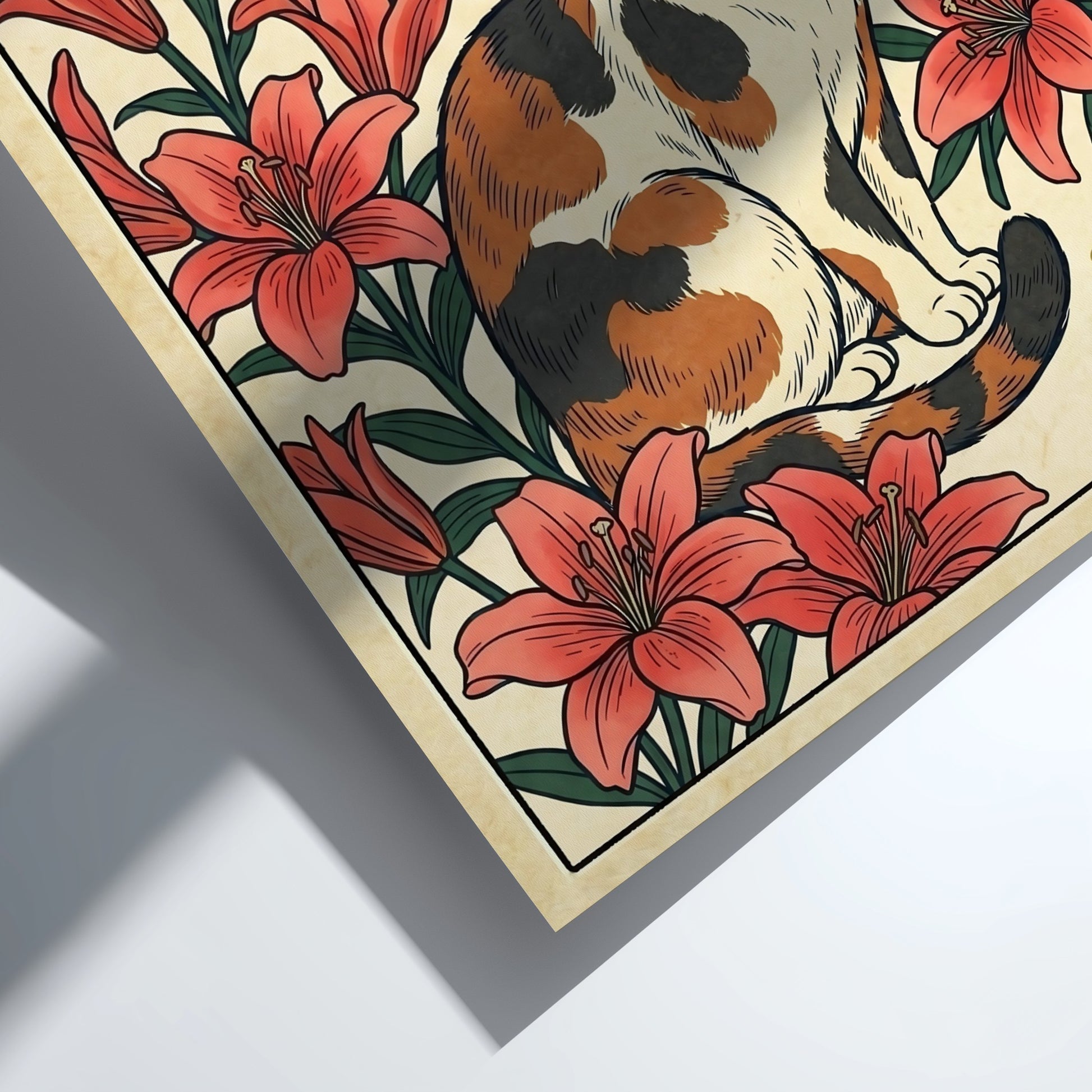 Calico cat poster featuring vibrant lilies in Japanese art style