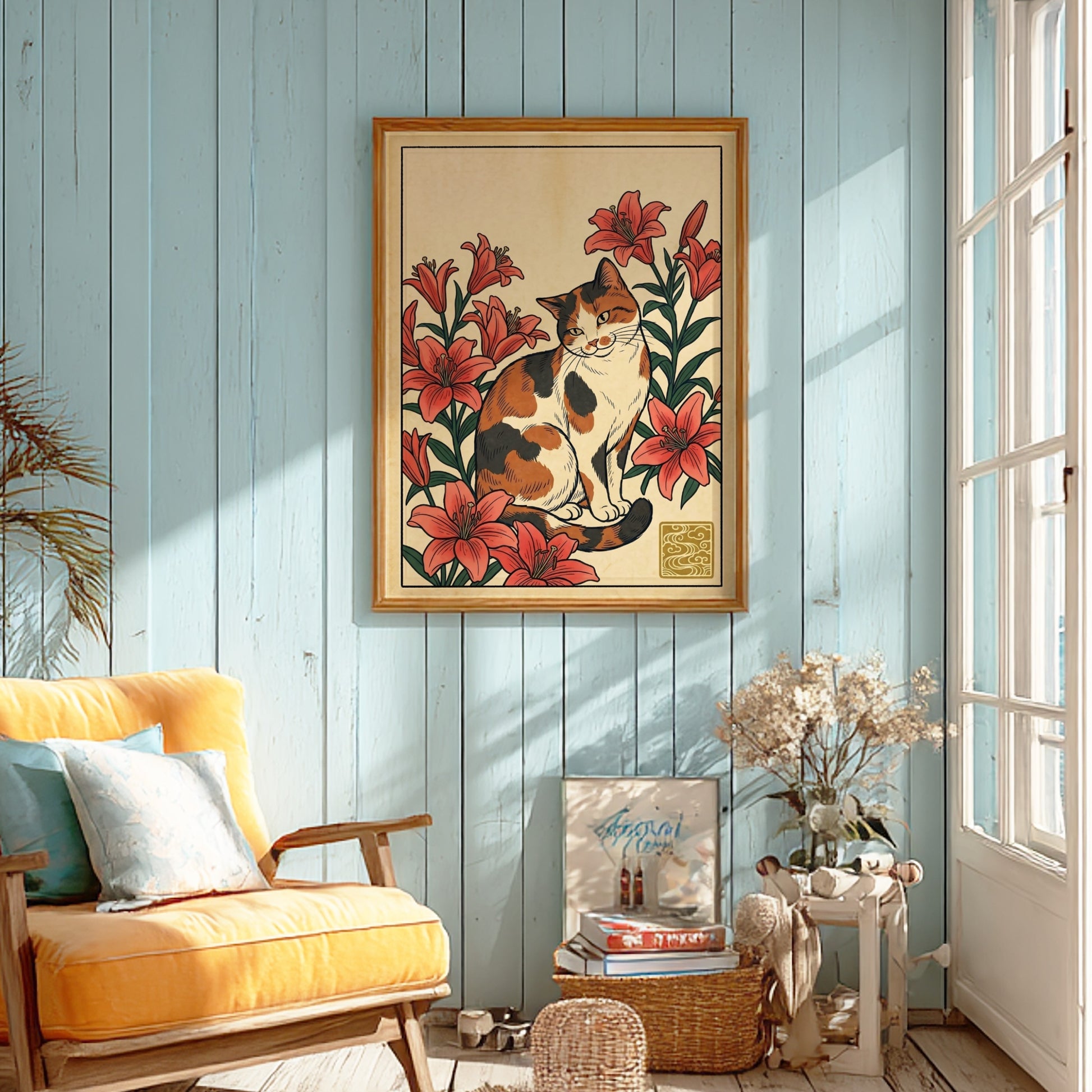 Calico cat poster featuring vibrant lilies in Japanese art style