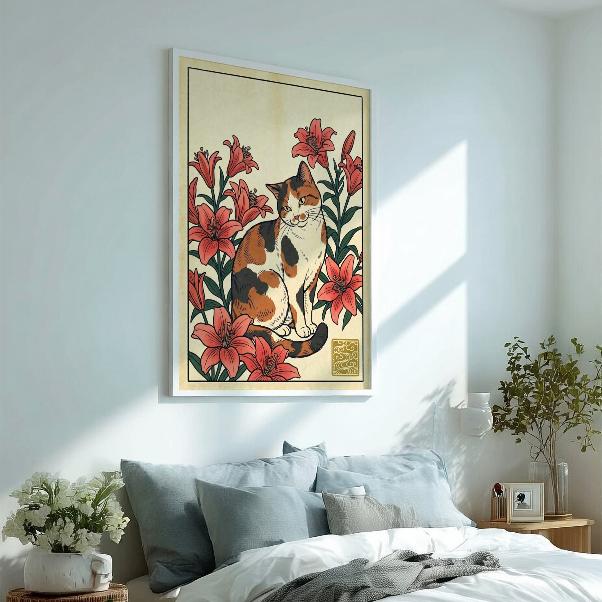 Calico cat poster featuring vibrant lilies in Japanese art style