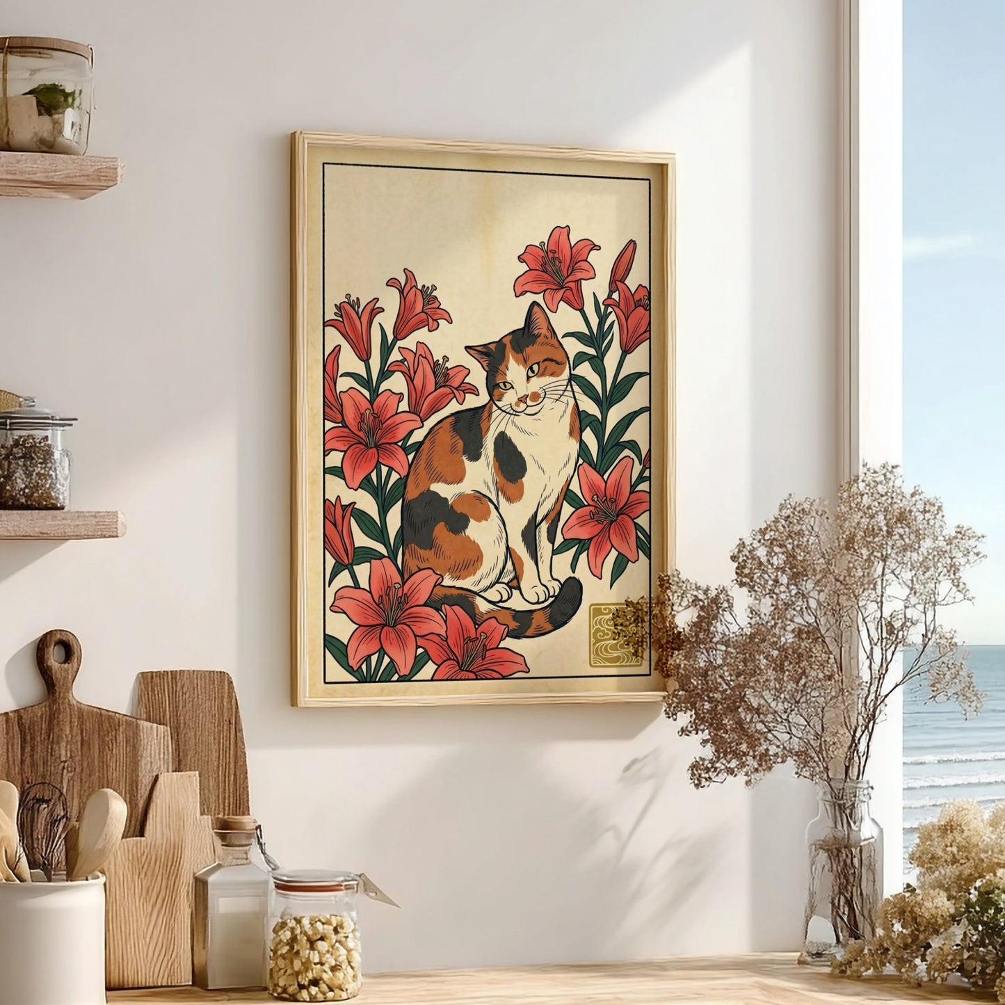 Calico cat poster featuring vibrant lilies in Japanese art style